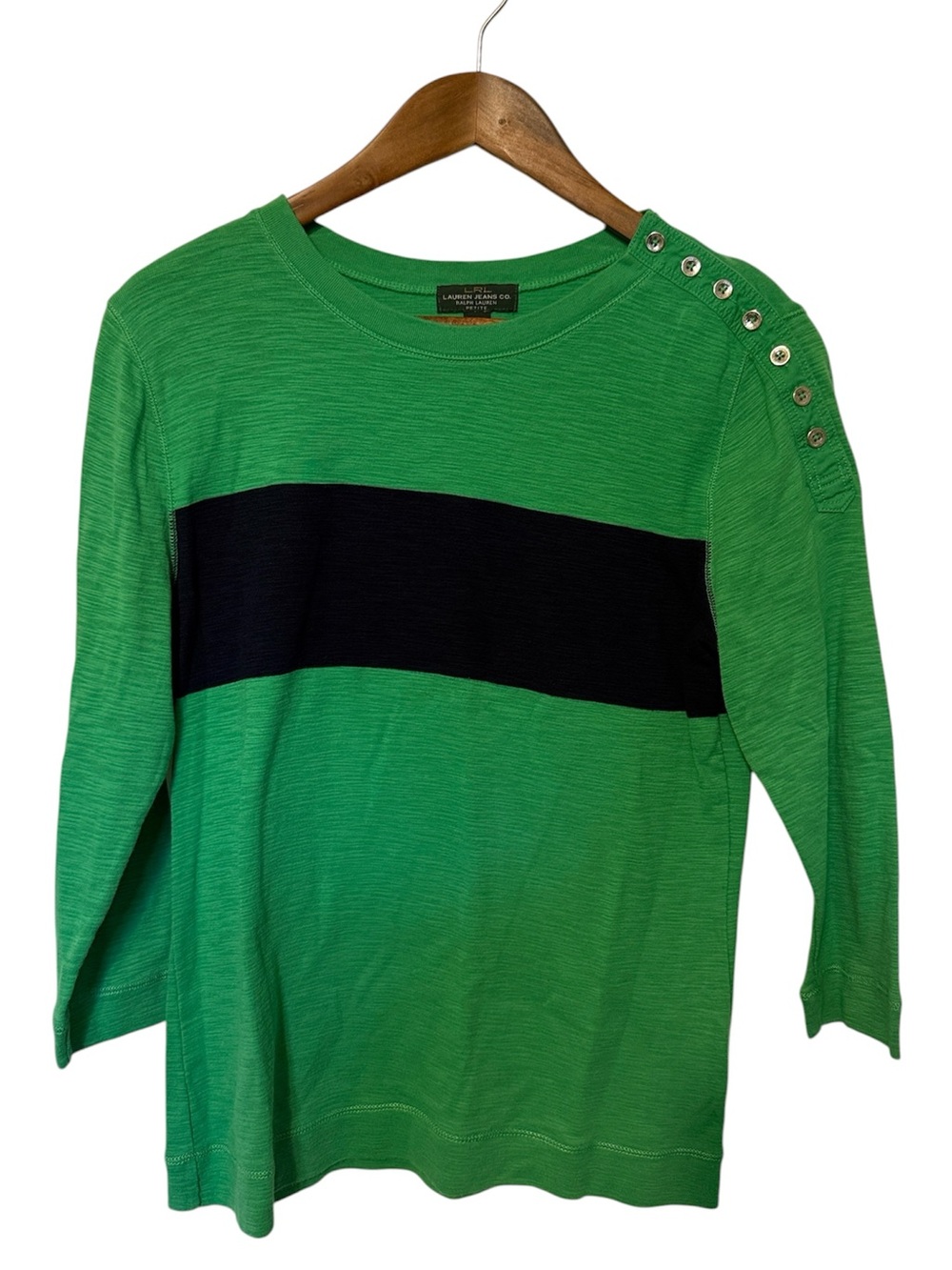 Lauren Ralph Lauren 3/4 Sleeve Top Color Block Green Navy Button Detail PL